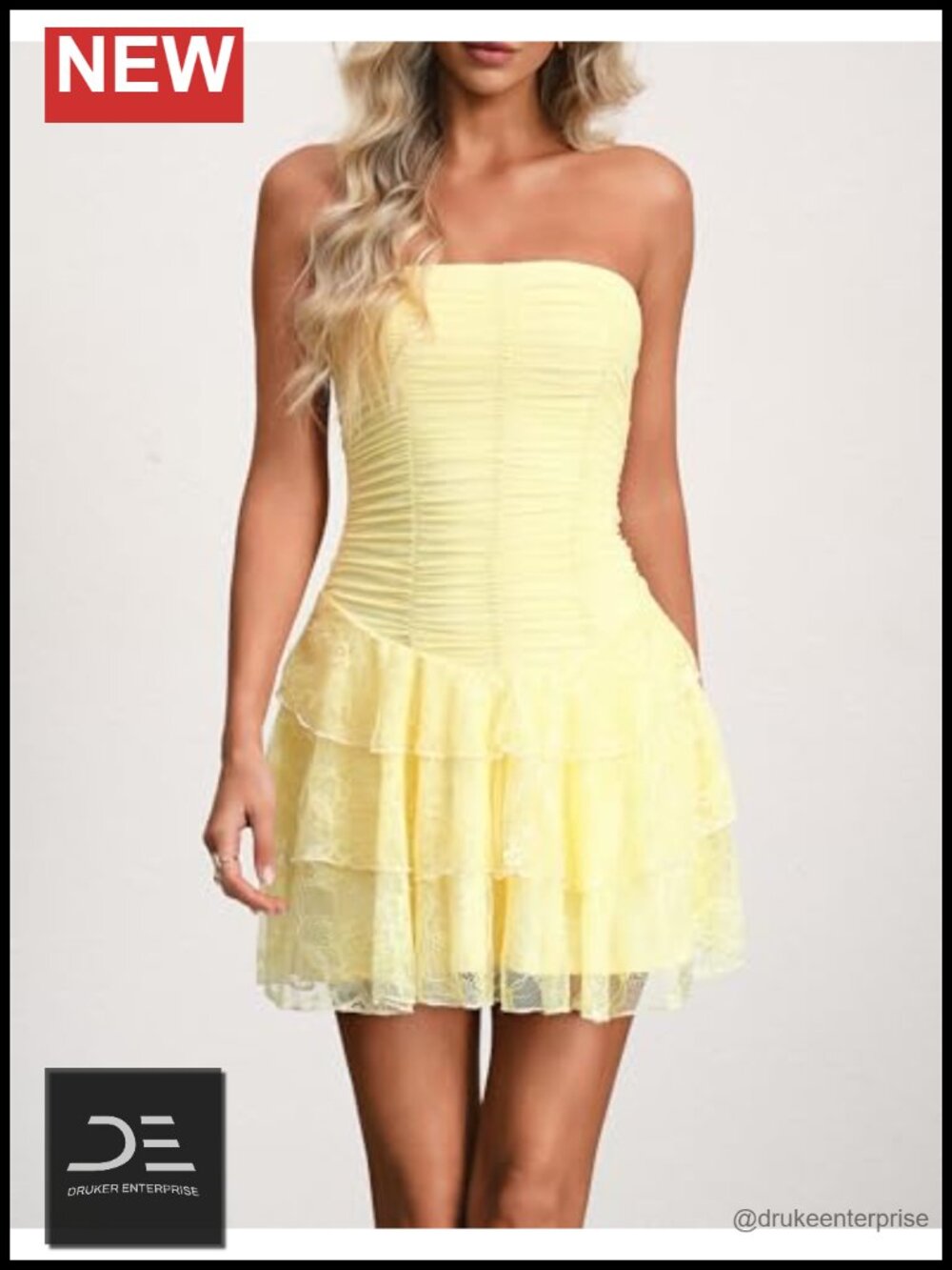 Women's Strapless Mesh Ruffle Layer Ruched Basque Waist Mini Dress - Picture 4 of 6